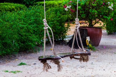 Koh Lanta, Tayland 'da bir parkta bitkilerle salıncak ve küçük bir ağaç.
