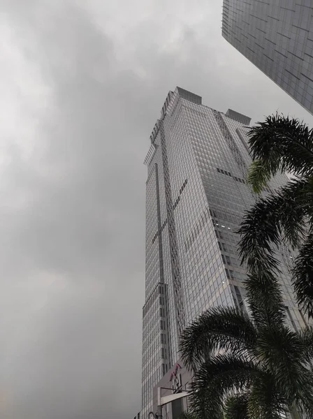 Plano Vertical Escala Grises Rascacielos Clima Nublado — Foto de Stock