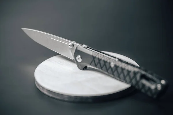 Pocket Knife Close Photo Foldable Sharp Pocket Knife Plastic Wooden — Stock Photo, Image
