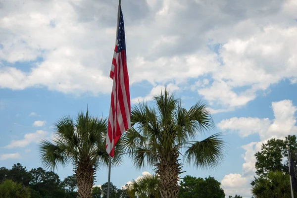 Крупный План Американского Флага Голубым Небом Пальмами Фоне — стоковое фото