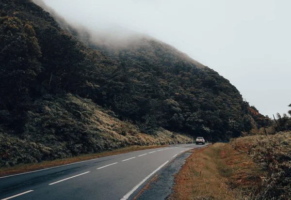 A car on an asphalt road near a green rock on a foggy morning