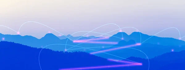Panoramatický Pohled Siluety Modrých Hor Digitálními Síťovými Liniemi — Stock fotografie