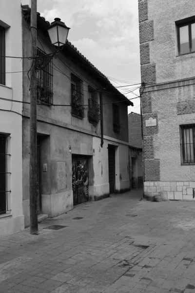 Vertikální Černobílý Záběr Staré Městské Uličky Alcala Henares Španělsko — Stock fotografie