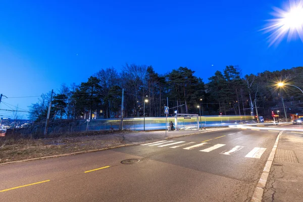 Eine Nacht Ansicht Einer Leeren Straße Mit Beleuchteten Laternen Blauem — Stockfoto