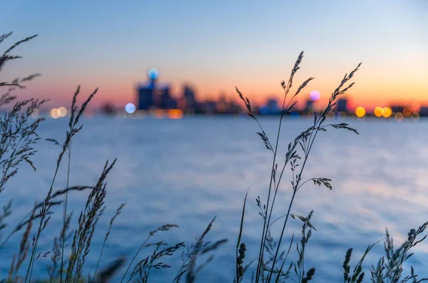 Een Meer Omringd Door Groen Bij Zonsondergang — Stockfoto