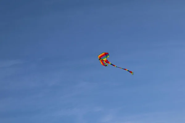 Uma Pipa Voadora Cor Arco Íris Céu Azul — Fotografia de Stock
