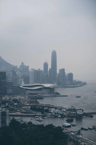 Вертикальний Знімок Гонконгського Цитарного Пейзажу Тумані — стокове фото