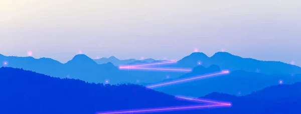 Panoramic View Silhouettes Blue Mountains Digital Network Lines — Stock Photo, Image