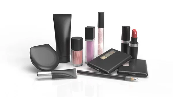 Rendering Makeup Set Including Lipsticks Gloss Cream Powder Eyeshadow Eyeliner — Stock Photo, Image