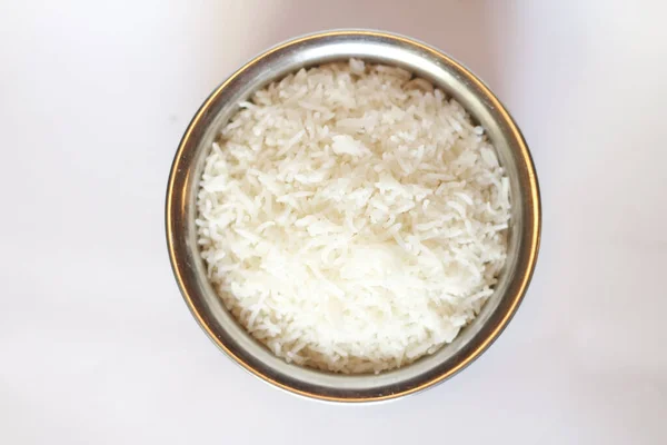 Plato Metal Saludable Con Arroz Blanco Vapor Sobre Fondo Blanco — Foto de Stock