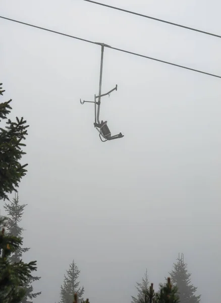 Vertical Shot Cable Car Pine Trees Foggy Day Velika Planina — Stock Photo, Image