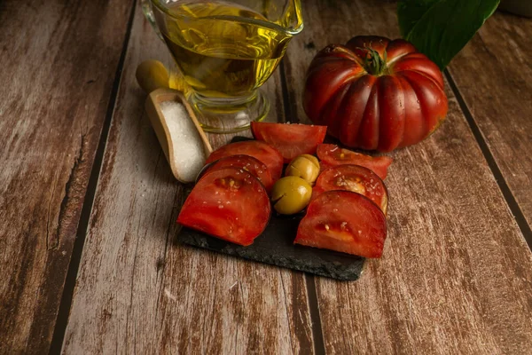 Chopped Moorish Tomatoes Jar Olive Oil Wooden Spoon Salt — Stock Photo, Image