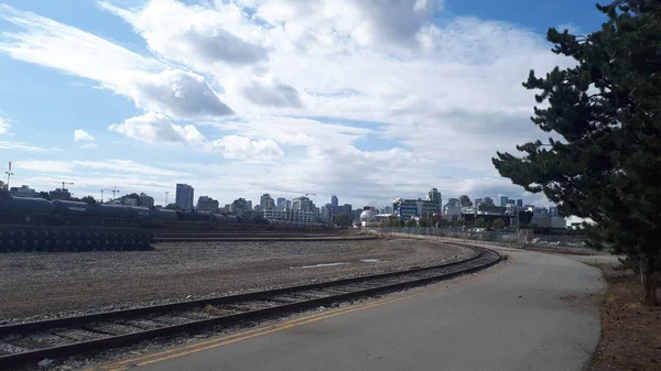 Railroad Trucks Background Skyline Downtown Vancouver — Stock Photo, Image