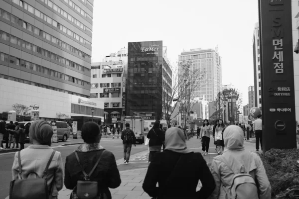 Grayscale Shot People Walking Streets Seoul South Korea Street Photography — Stock Photo, Image