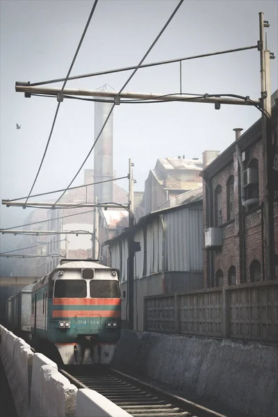 日光の下で古い家の近くの鉄道で運転地下鉄列車の垂直3Dレンダリング — ストック写真