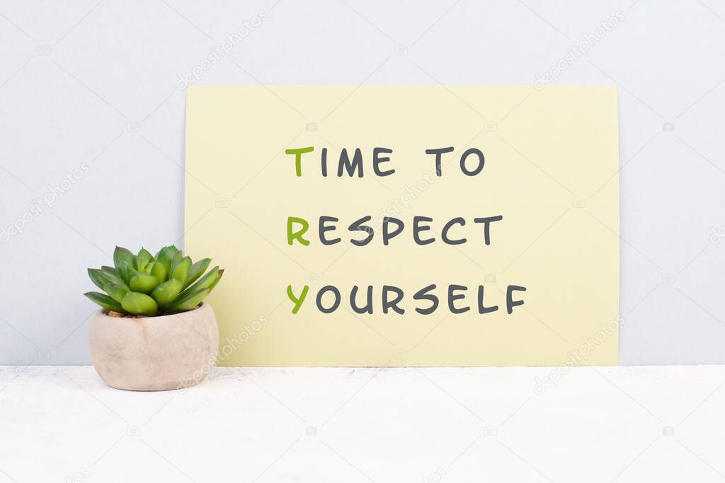 The words time to respect yourself are standing on paper, responsibility and development, motivation concept, cactus plant beside the message
