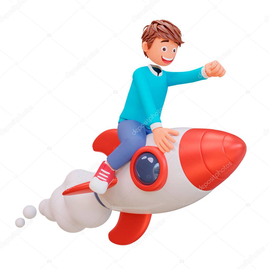A 3D rendering of a happy male figure with a rocket