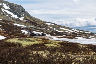 Karla kaplı manzaranın manzarası bulutlu arka planda kırsal bir alanda.
