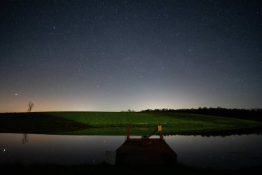 Yıldızlı gece gökyüzünün altında sakin bir göl manzarası