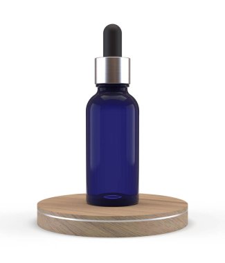 Beyaz arka planda izole edilmiş ahşap bir tahta üzerinde pipetle mavi cam bir şişenin 3 boyutlu görüntüsü.