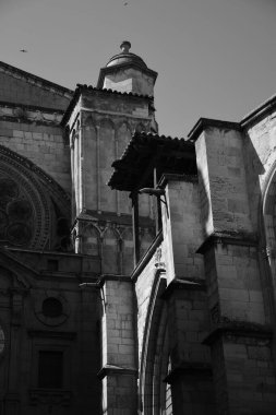 İspanya, Toledo 'daki Aziz Mary Katedrali' nin detaylarının dikey siyah beyaz görüntüsü.