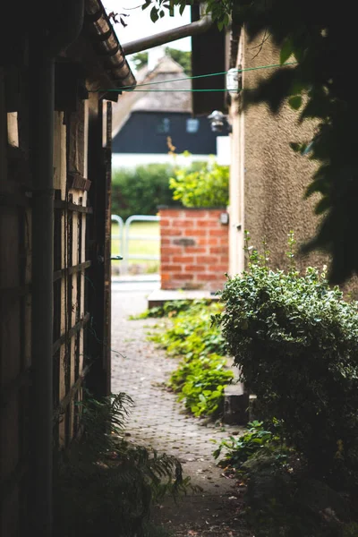 Eine Vertikale Aufnahme Eines Schmalen Weges Garten Eines Hauses Sonnenlicht — Stockfoto