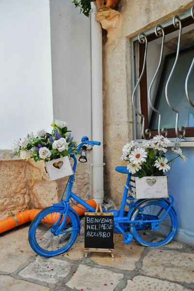 Välkommen Till Den Blå Byn Skriven Cykel Liten Gata Casamassima — Stockfoto
