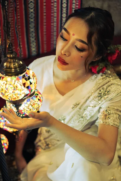 Vertical Shot South Asian Woman Looking Beautiful Lamp — Stock Photo, Image