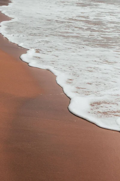 A vertical shot of foamy waves on a brown seashore