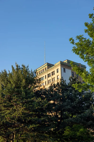 Plano Vertical Del Edificio Que Alcanza Punto Máximo Detrás Los — Foto de Stock