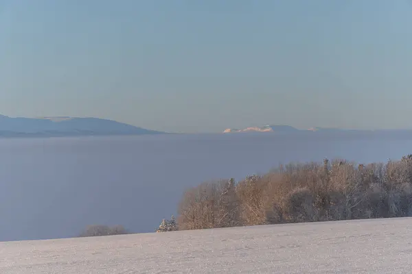 スウェーデンを背景に湖と雪に覆われた風景の美しい景色 — ストック写真