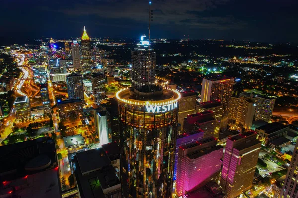 Vacker Flygbild Atlanta Stad Med Neonljus Natten — Stockfoto