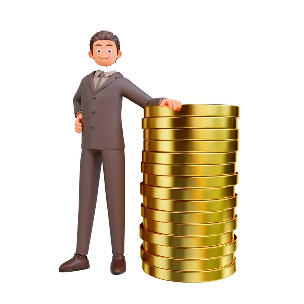 Eine Darstellung Einer Glücklichen Männlichen Figur Mit Einem Stapel Münzen — Stockfoto