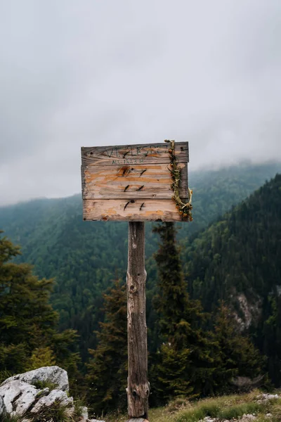 Primo Piano Verticale Segno Legno Della Montagna Lespezi Peak Vicino — Foto Stock