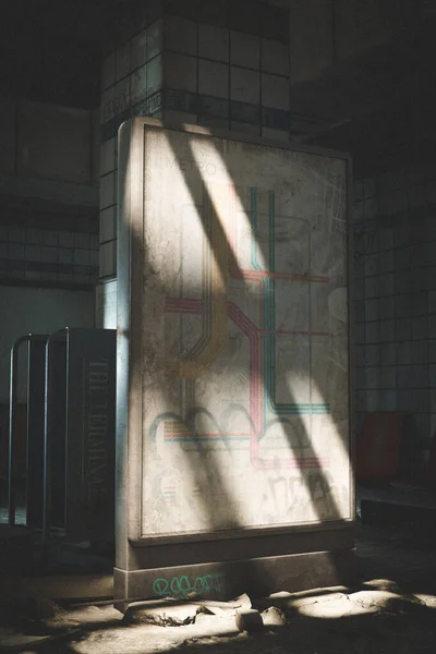 버려진 역에서 햇빛을 받으며 지하철 지도를 수직으로 그리는 — 스톡 사진