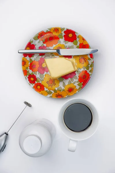 Zutaten Des Energiespendenden Bio Kaffees Aus Butter Und Kokosölkonzentrat Zur — Stockfoto