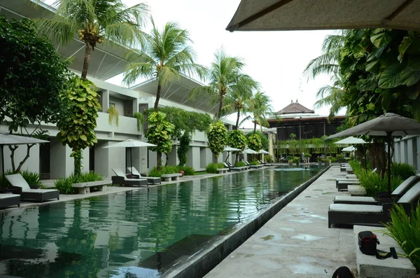 Beautiful Hotel Bungalows Surrounded Trees Sunbeds Narrow Pool — Stock Photo, Image