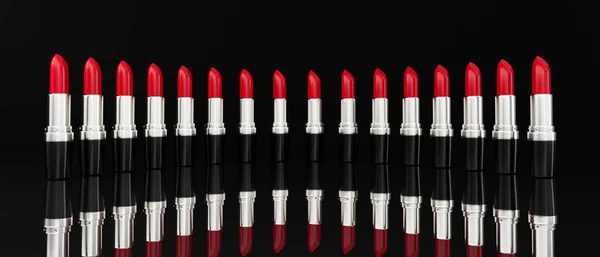 Rendering Red Lipsticks Marching Row Black Background — Stock Photo, Image