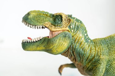 Beyaz arka planda Schleich marka yeşil Tyrannosaurus Rex oyuncak dinozor heykelciği.