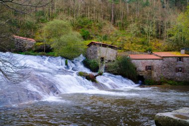 Rio Barosa Şelalesi Pontevedra 'daki Barro doğal parkında - Galiçya - İspanya