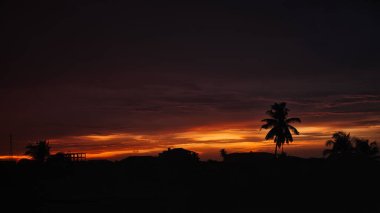 Gün batımında bulutlu gökyüzünün altında bir bina ve ağaçların silueti