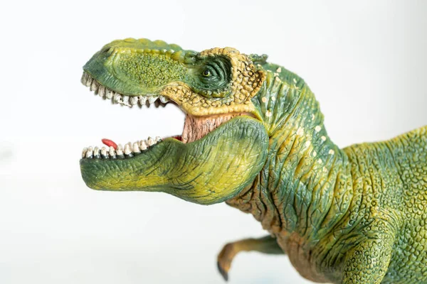 Beyaz arka planda Schleich marka yeşil Tyrannosaurus Rex oyuncak dinozor heykelciği.