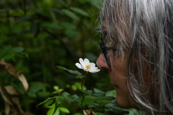 Beyaz Saçlı Gözlüklü Tarladan Beyaz Bir Çiçek Kokan Bir Kadının — Stok fotoğraf