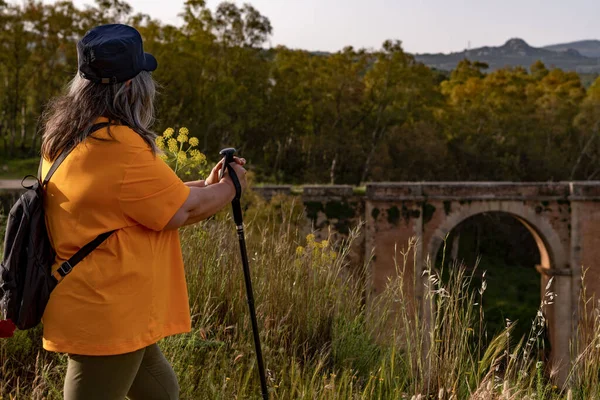 Kobieta Czapką Kijem Wędrówkowym Plecakiem Wsi Patrząc Most Świcie — Zdjęcie stockowe