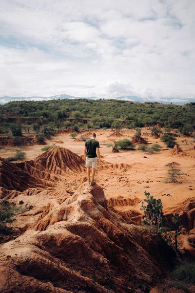 Vertical Shot Male Rock Tatacoa Desert Valley Sorrows Huila Colombia — Stock Photo, Image