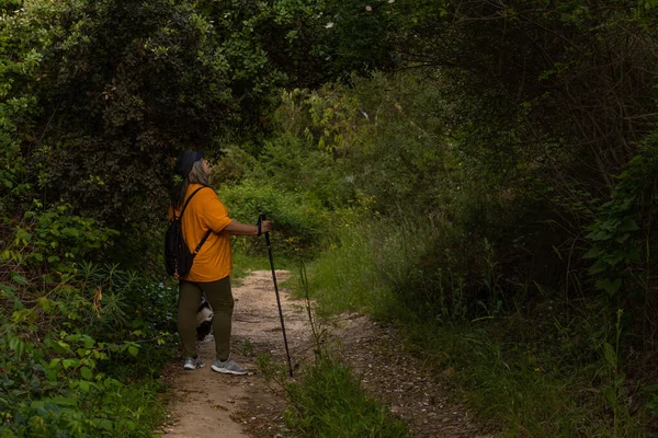 Bělovlasá Žena Lese Čepicí Batohem Turistickou Hůlkou Obdivující Scenérii — Stock fotografie