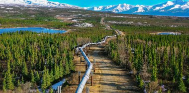Alaska Trans-Alaska Boru Hattı Ulaşım Sisteminin Büyük Delta, Alaska 'daki hava görüntüsü