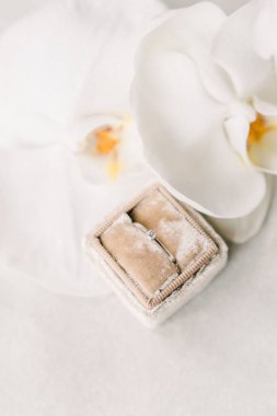 Masadaki kadife yüzük kutusundaki nişan yüzüğünün üst görüntüsü.