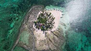 Filipinler 'de ağaçlar ve park edilmiş teknelerle dolu küçük bir adanın havadan görüntüsü.
