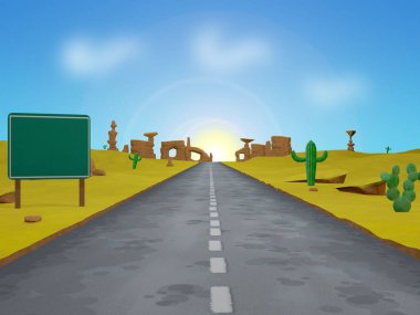 Mavi gökyüzünün altındaki bir çölde kaya oluşumlarına doğru düz bir yolun çizimi.